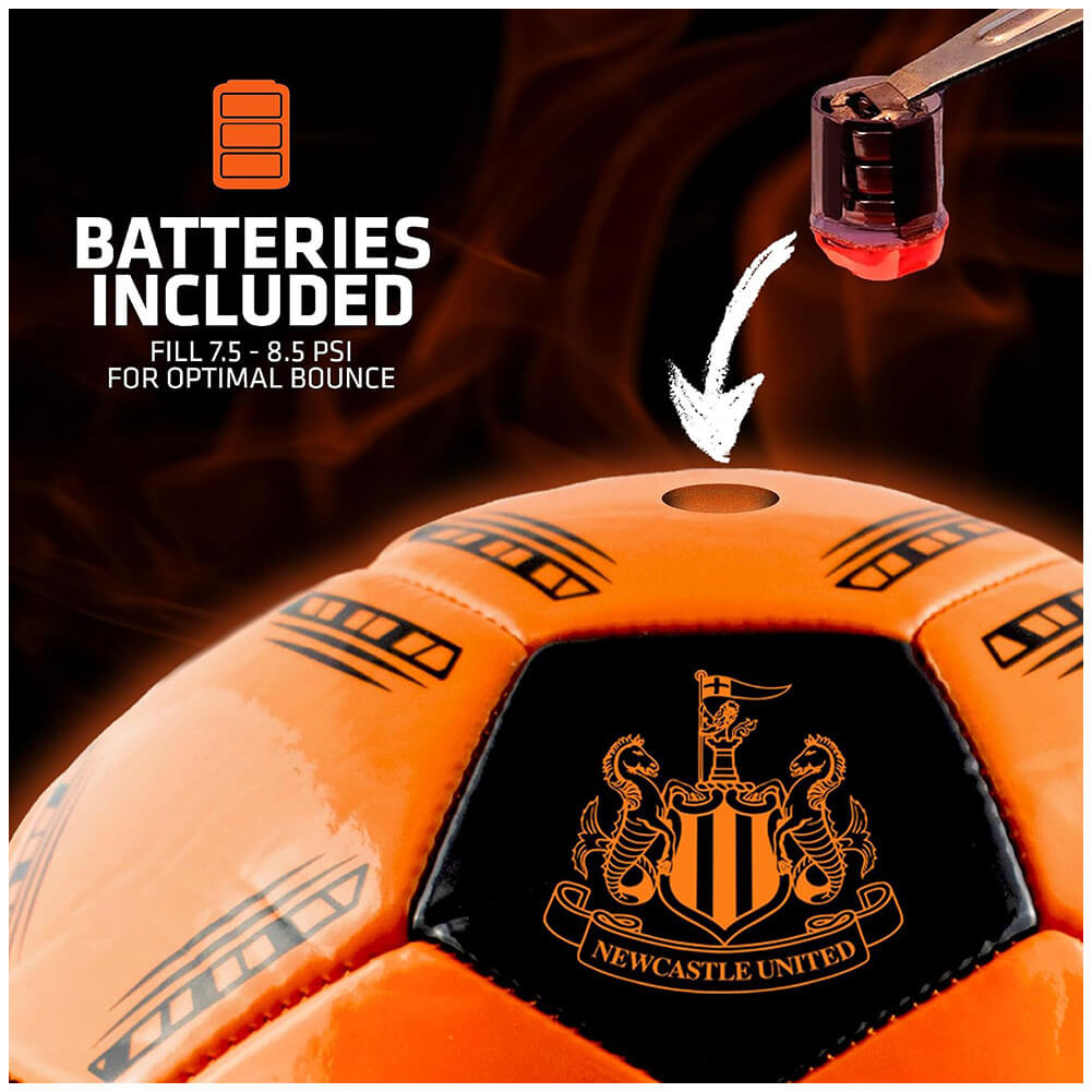 Newcastle United FC LED Glow Football LKT Sport Orange LED glow 32 panel footballFeaturing a black crest and Newcastle United text30 hours of continuous light up fun!Bounce activated with auto turn offBatteries included, fill 7.5-8.5 PSI for optimal bounc