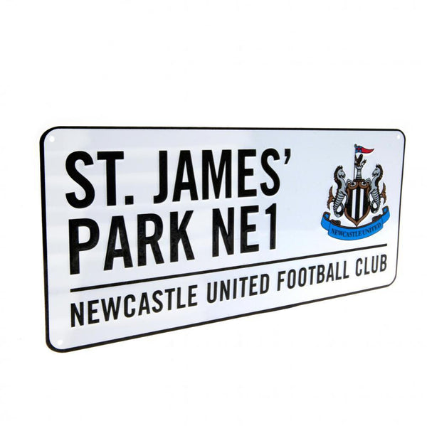 Newcastle United FC Large Crest Street Sign LKT Sport Gloss finish design stamped metal wall sign St. James Park NE1 road sign, the home of Newcastle United FC on a white background Ready to hang on the wall with four small holes for fixing Official licen