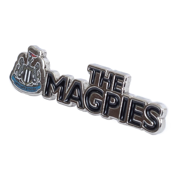 Newcastle United FC Magpies Badge LKT Sport Metal The Magpies text pin badgeDie stamped design with full colour infilWith butterfly clasp fixingMetal alloy with silver style finishOfficial licensed productApprox 40mm x 10mm Pins