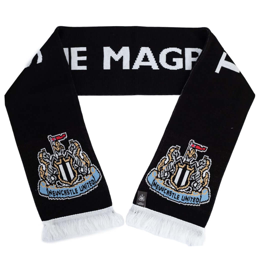 Newcastle United FC Magpies Scarf LKT Sport Black reversible jacquard knit scarf with a white fringeBoth sides feature The Magpies text and club crest at each endOfficial licensed productApprox 132cm x 19cm Scarves Main image
