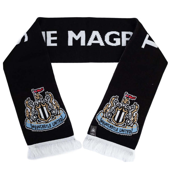 Newcastle United FC Magpies Scarf LKT Sport Black reversible jacquard knit scarf with a white fringeBoth sides feature The Magpies text and club crest at each endOfficial licensed productApprox 132cm x 19cm Scarves