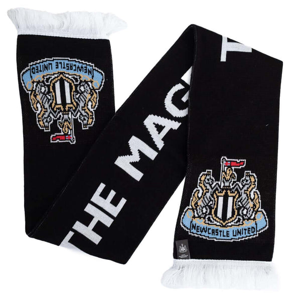 Newcastle United FC Magpies Scarf LKT Sport Black reversible jacquard knit scarf with a white fringeBoth sides feature The Magpies text and club crest at each endOfficial licensed productApprox 132cm x 19cm Scarves