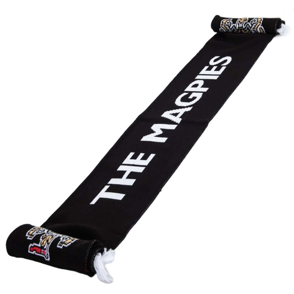Newcastle United FC Magpies Scarf LKT Sport Black reversible jacquard knit scarf with a white fringeBoth sides feature The Magpies text and club crest at each endOfficial licensed productApprox 132cm x 19cm Scarves