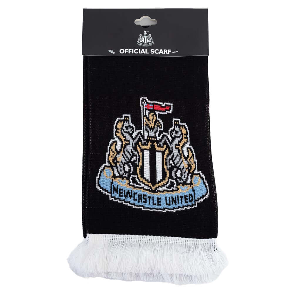 Newcastle United FC Magpies Scarf LKT Sport Black reversible jacquard knit scarf with a white fringeBoth sides feature The Magpies text and club crest at each endOfficial licensed productApprox 132cm x 19cm Scarves