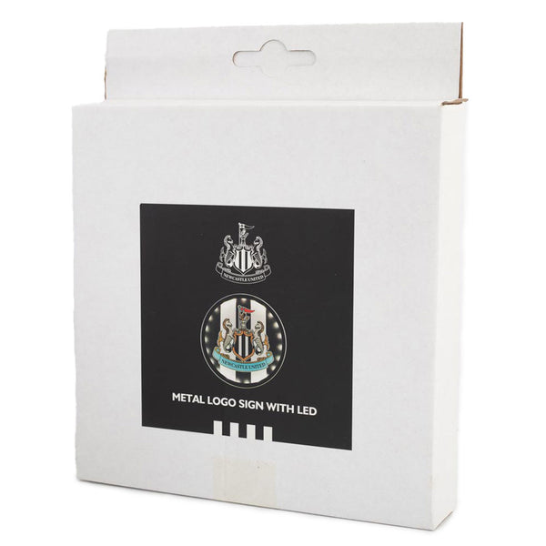 Newcastle United FC Metal LED Logo Sign LKT Sport LED Illuminated metal logo sign creating an eye catching feature in any roomWhite LED lights with a striking black and white background featuring the Newcastle crestRequires 2 x AA batteries (not included)