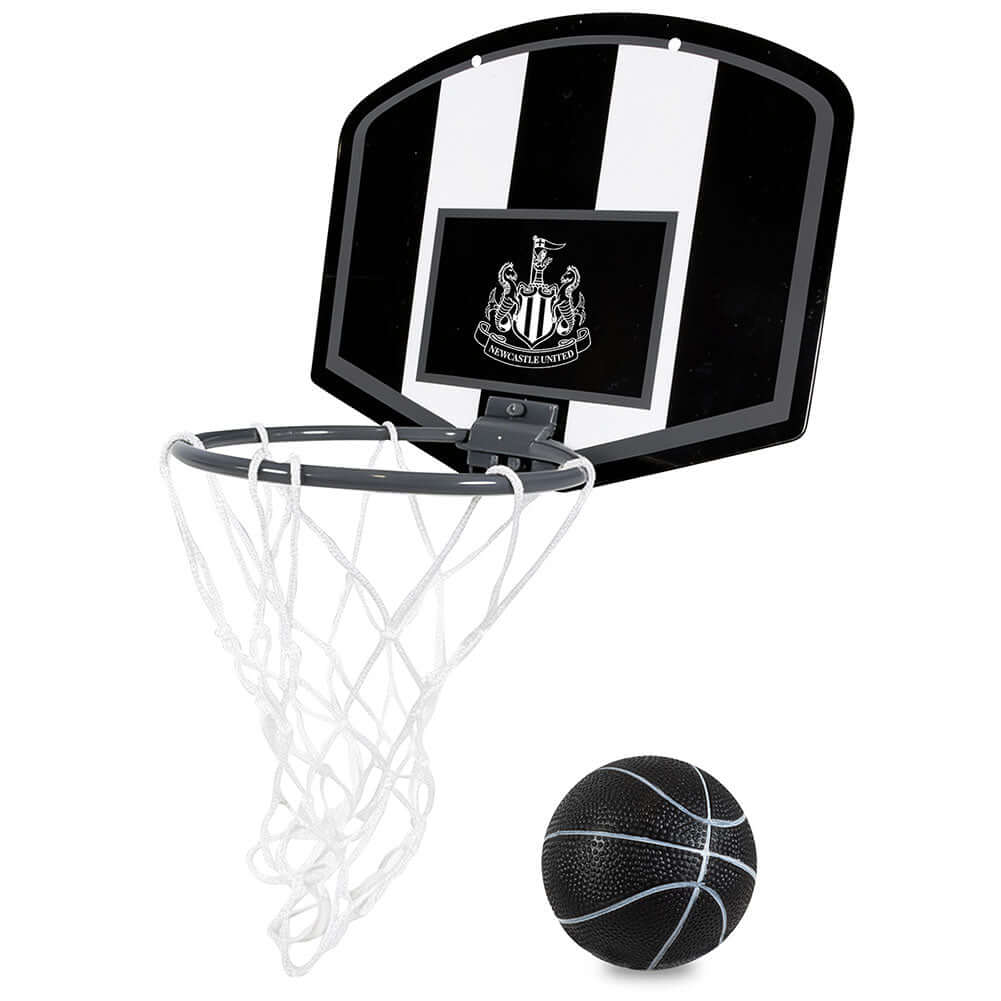 Newcastle United FC Mini Basketball Set LKT Sport Mini Basketball set with a branded Newcastle United FC backboardSet includes a mini Basketball, Basketball backboard, Hoop, Net and double sided padsEasy to assemble, which requires adult supervisionSuitab