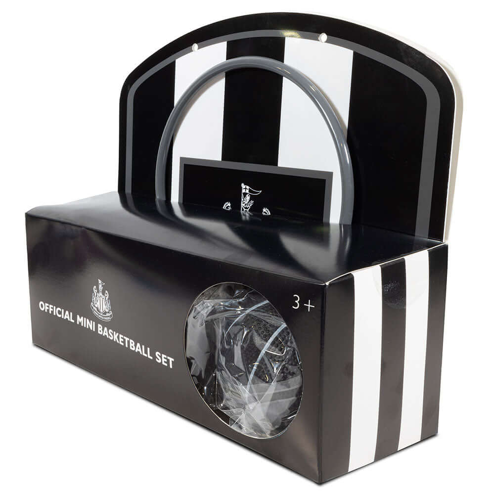 Newcastle United FC Mini Basketball Set LKT Sport Mini Basketball set with a branded Newcastle United FC backboardSet includes a mini Basketball, Basketball backboard, Hoop, Net and double sided padsEasy to assemble, which requires adult supervisionSuitab
