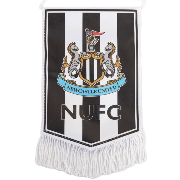 Newcastle United FC Mini Pennant LKT Sport Satin look crest design pennantFeaturing a full colour NUFC crest on a black and white striped backgroundFinished with white tassels and hanging stringIdeal for your car or windowOfficial licensed productApprox 1