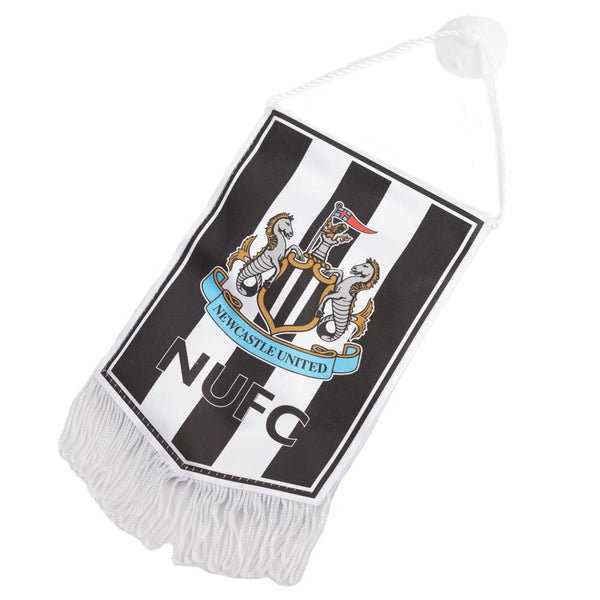 Newcastle United FC Mini Pennant LKT Sport Satin look crest design pennantFeaturing a full colour NUFC crest on a black and white striped backgroundFinished with white tassels and hanging stringIdeal for your car or windowOfficial licensed productApprox 1