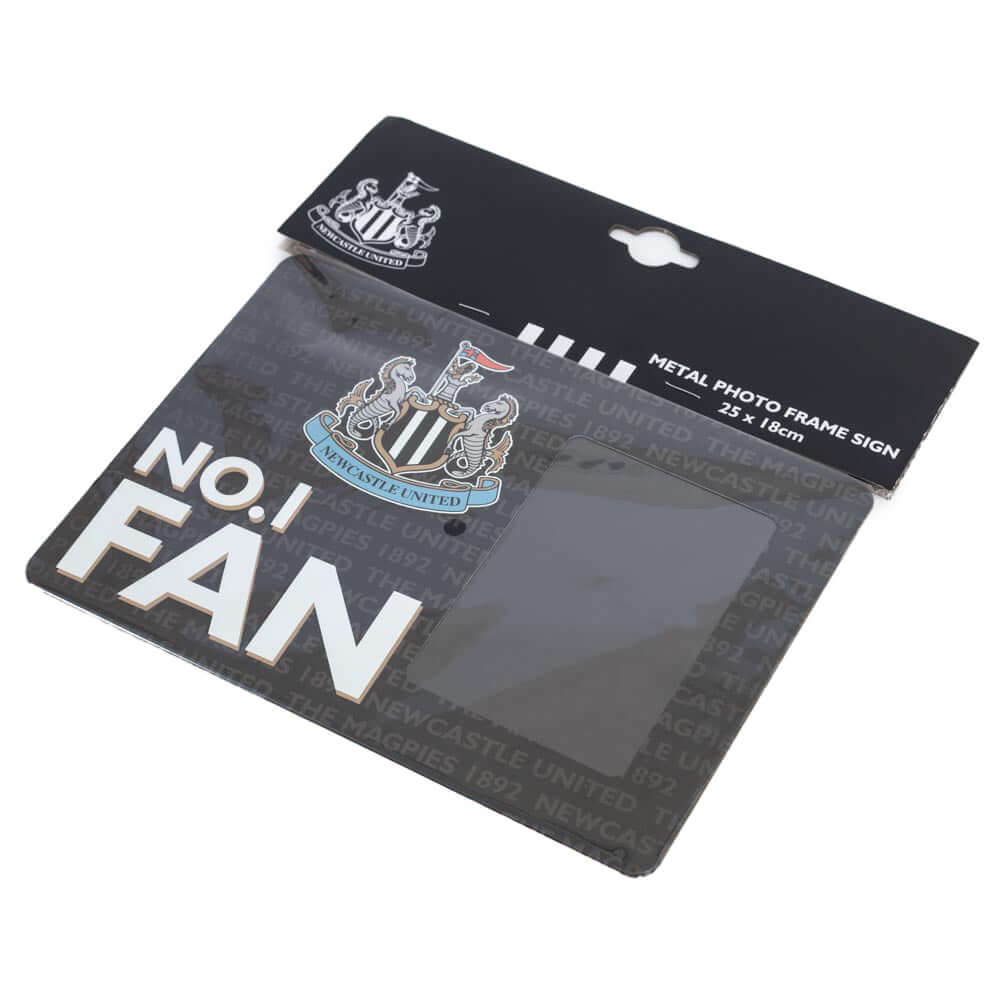 Newcastle United FC No1 Fan Picture Frame Sign LKT Sport Sturdy metal photo frame sign featuring the Newcastle United crest and No.1 FAN in bold white textIncludes the text 'Newcastle United The Magpies 1892' as a repeat pattern in the backgroundWith a po
