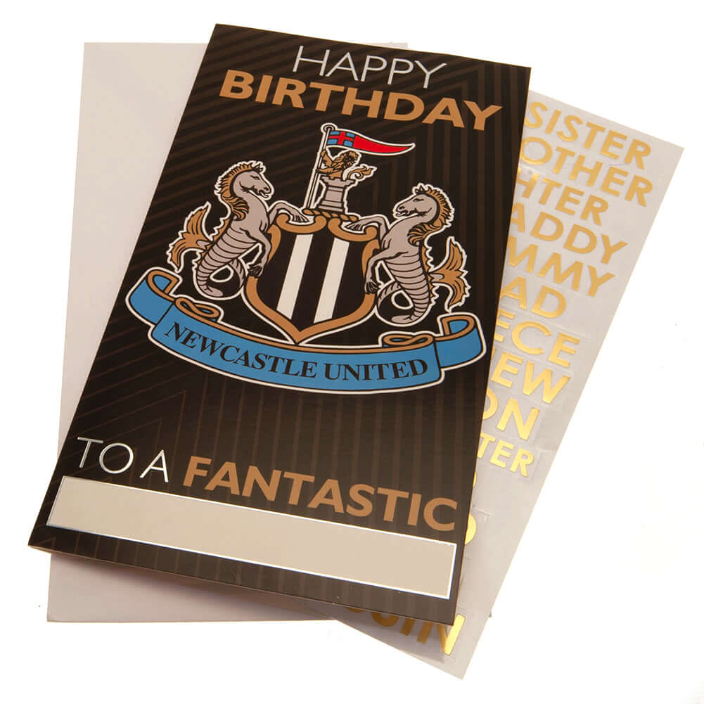 Newcastle United FC Personalised Birthday Card LKT Sport Vibrant gloss finish birthday cardFeaturing a large full colour Newcastle United crest on the front and stadium graphic insideIncludes any family relation stickers for the front of the cardMessage i