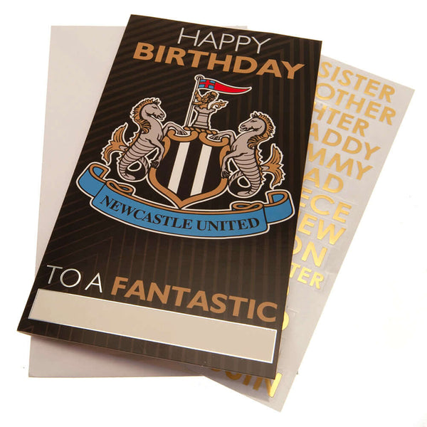 Newcastle United FC Personalised Birthday Card LKT Sport Vibrant gloss finish birthday cardFeaturing a large full colour Newcastle United crest on the front and stadium graphic insideIncludes any family relation stickers for the front of the cardMessage i