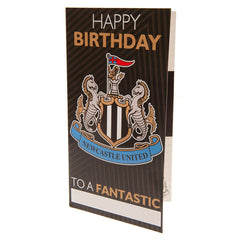 Newcastle United FC Personalised Birthday Card LKT Sport Vibrant gloss finish birthday cardFeaturing a large full colour Newcastle United crest on the front and stadium graphic insideIncludes any family relation stickers for the front of the cardMessage i