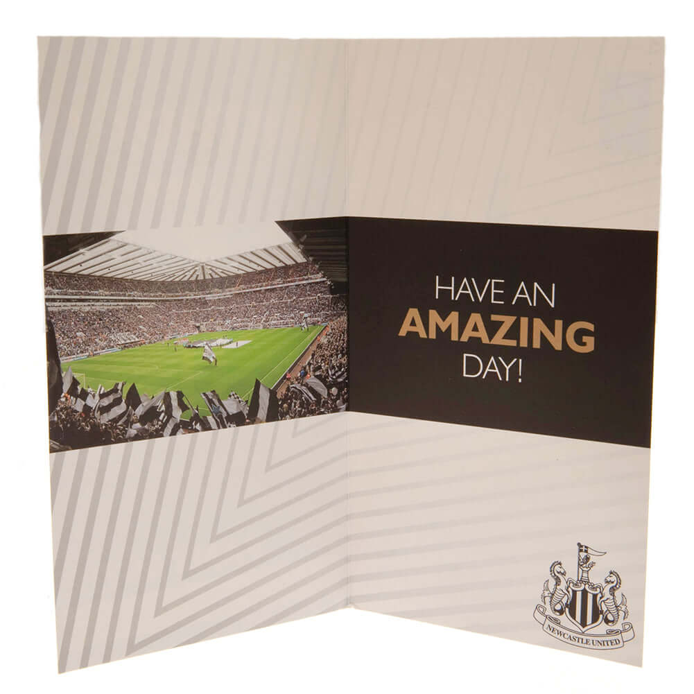 Newcastle United FC Personalised Birthday Card LKT Sport Vibrant gloss finish birthday cardFeaturing a large full colour Newcastle United crest on the front and stadium graphic insideIncludes any family relation stickers for the front of the cardMessage i