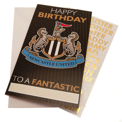 Newcastle United FC Personalised Birthday Card LKT Sport Vibrant gloss finish birthday cardFeaturing a large full colour Newcastle United crest on the front and stadium graphic insideIncludes any family relation stickers for the front of the cardMessage i