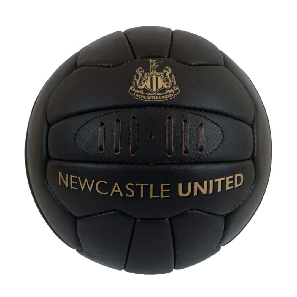 Newcastle United FC Retro Heritage Mini Ball LKT Sport Genuine leather heritage footballFeaturing gold debossed print Newcastle crest and text18 panel retro style ball with stitched featureOfficial licensed productSize 1 footballApprox 47cm in circumferen