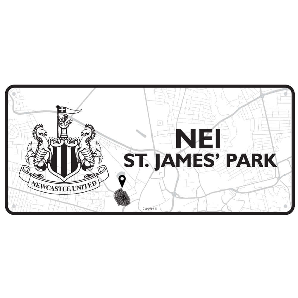 Newcastle United FC Route To Sign LKT Sport Gloss finish design stamped metal wall signFeaturing a street map view on route to St. James' Park StadiumReady to hang on the wall with four small holes for fixingOfficial licensed productApprox 40cm x 18cm Nov Main image