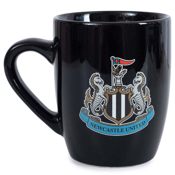 Newcastle United FC Shaped Mug LKT Sport Ceramic everyday coffee mugBlack ceramic mug with a full colour Newcastle United FC crest to one sideGlazed kiln fired finish with full colour handleOfficial licensed productApprox 315ml (11oz)Approx 9cm tall, 8cm