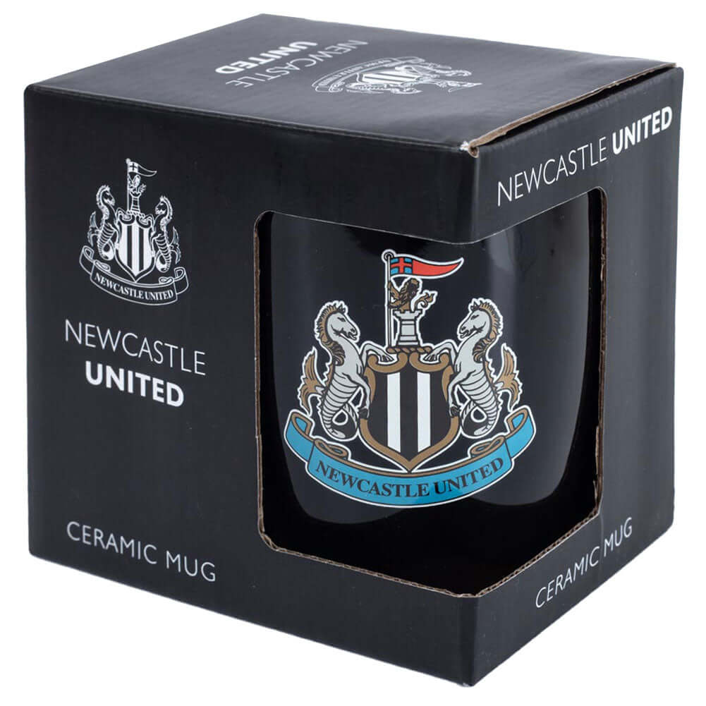 Newcastle United FC Shaped Mug LKT Sport Ceramic everyday coffee mugBlack ceramic mug with a full colour Newcastle United FC crest to one sideGlazed kiln fired finish with full colour handleOfficial licensed productApprox 315ml (11oz)Approx 9cm tall, 8cm