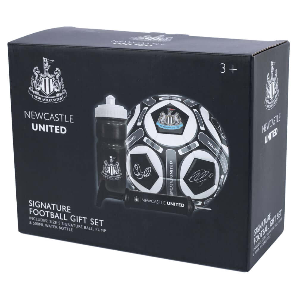 Newcastle United FC Signature Gift Set LKT Sport Signed training equipment gift setContaining a size 5 PVC footballA 500ml water bottleAnd a mini hand pumpOfficial licensed productBottle approx 19cm tall, 8cm in diameter and 500mlPump approx 19cm long, 3c