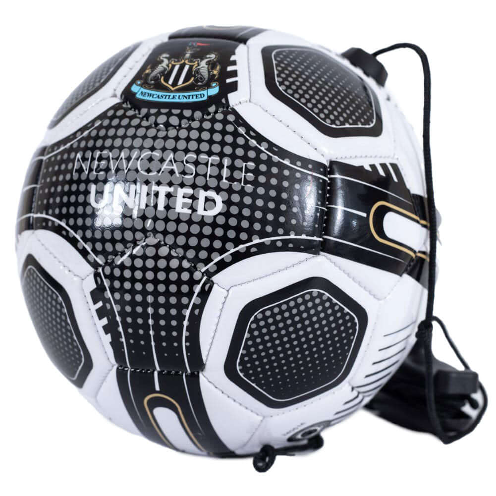 Newcastle United FC Size 2 Skills Trainer LKT Sport Great close control and skills training aidSize 2 training ball with a cordBlack and white football featuring a full colour Newcastle crest and textPerfect for improving passing, control and reactionsOff Main image