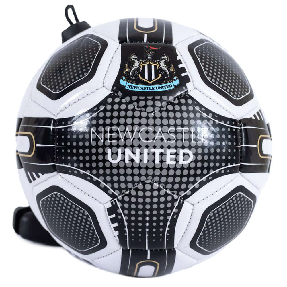 Newcastle United FC Size 2 Skills Trainer LKT Sport Great close control and skills training aidSize 2 training ball with a cordBlack and white football featuring a full colour Newcastle crest and textPerfect for improving passing, control and reactionsOff