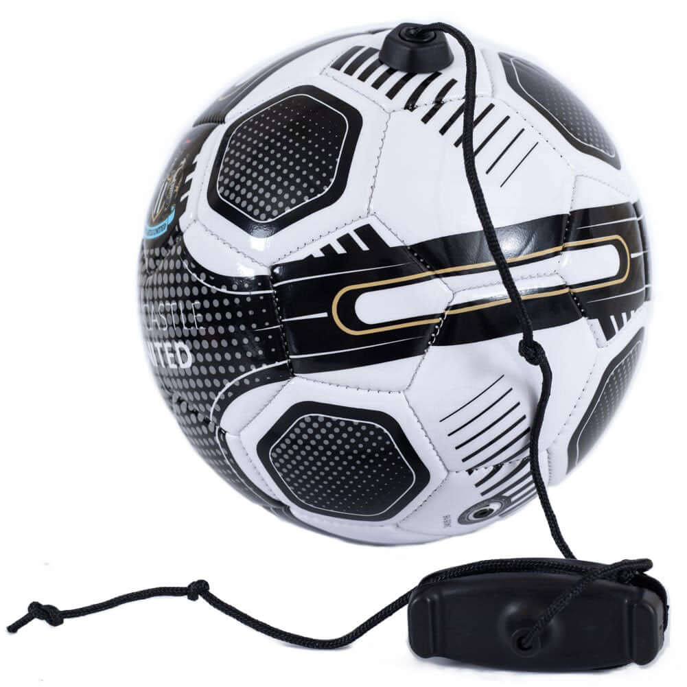 Newcastle United FC Size 2 Skills Trainer LKT Sport Great close control and skills training aidSize 2 training ball with a cordBlack and white football featuring a full colour Newcastle crest and textPerfect for improving passing, control and reactionsOff