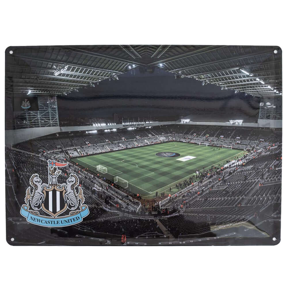 Newcastle United FC St. James' Park Large Sign LKT Sport Large metal St James' Park photo sign featuring a night shot of the pitchWith a full colour Newcastle United crest in the bottom left cornerReady to hang on the wall with four small holes for fixing