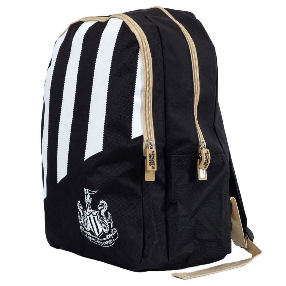 Newcastle United FC Stripe Backpack LKT Sport Black backpack featuring a stripe design and white Newcastle United crestAdjustable shoulder straps padded for comfort and a handy carry strapMain compartment has a large double zipped opening for easy accessF