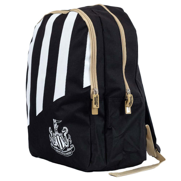 Newcastle United FC Stripe Backpack LKT Sport Black backpack featuring a stripe design and white Newcastle United crestAdjustable shoulder straps padded for comfort and a handy carry strapMain compartment has a large double zipped opening for easy accessF
