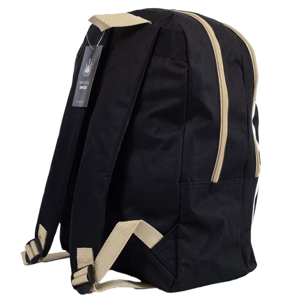 Newcastle United FC Stripe Backpack LKT Sport Black backpack featuring a stripe design and white Newcastle United crestAdjustable shoulder straps padded for comfort and a handy carry strapMain compartment has a large double zipped opening for easy accessF