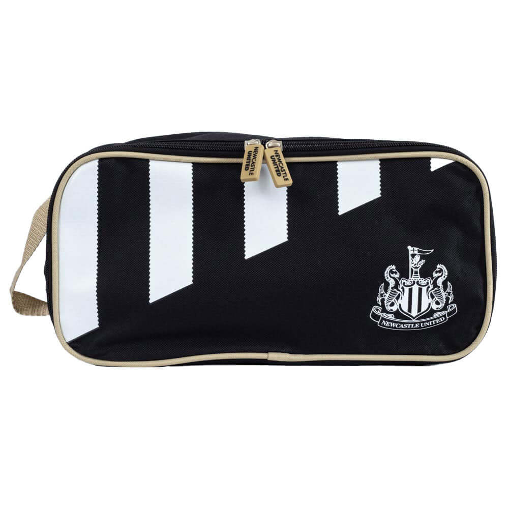 Newcastle United FC Stripe Boot Bag LKT Sport Black boot bag featuring a stripe design with a white Newcastle United crestLarge double zipped opening for easy accessRubber zip pulls featuring raised Newcastle United detailWipe clean polyesterOfficial lice