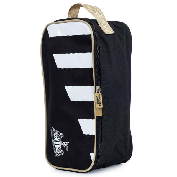 Newcastle United FC Stripe Boot Bag LKT Sport Black boot bag featuring a stripe design with a white Newcastle United crestLarge double zipped opening for easy accessRubber zip pulls featuring raised Newcastle United detailWipe clean polyesterOfficial lice