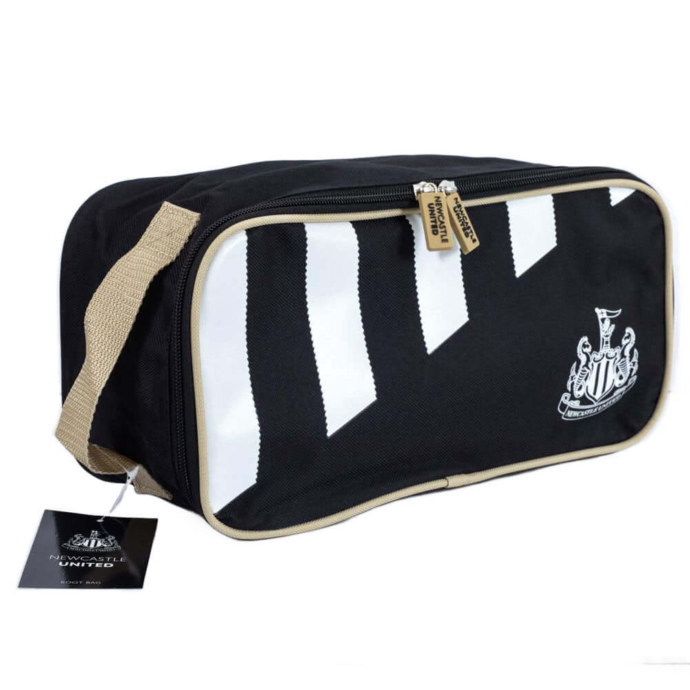 Newcastle United FC Stripe Boot Bag LKT Sport Black boot bag featuring a stripe design with a white Newcastle United crestLarge double zipped opening for easy accessRubber zip pulls featuring raised Newcastle United detailWipe clean polyesterOfficial lice