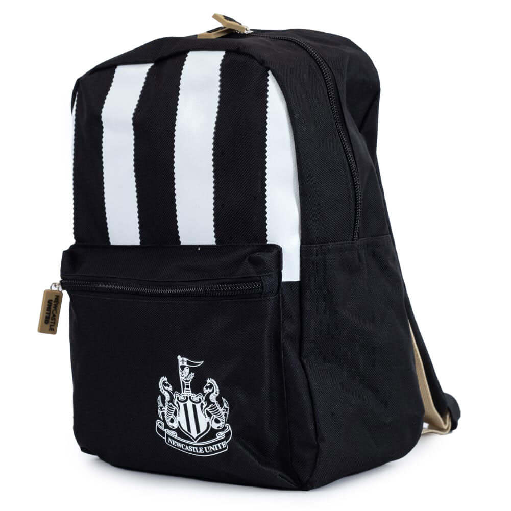 Newcastle United FC Stripe Junior Backpack LKT Sport Black junior backpack featuring a stripe design and a white Newcastle United crestAdjustable shoulder straps padded for comfort and a handy carry strapMain compartment has a large double zipped opening