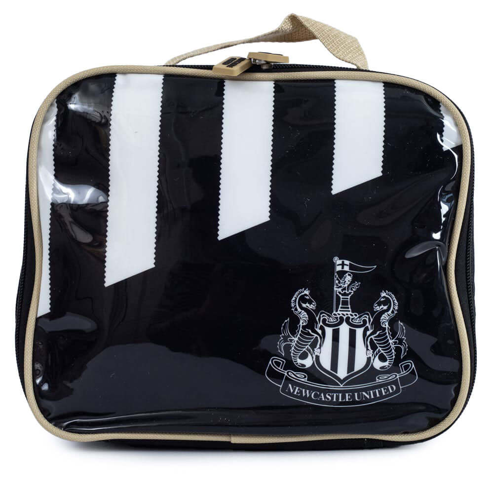 Newcastle United FC Stripe Lunch Bag LKT Sport Black with white stripe design lunchbag with a white Newcastle United logo on the frontDouble zipped opening for easy accessRubber zip pulls featuring raised Scotland detailInternal elastic bottle holderWith Main image