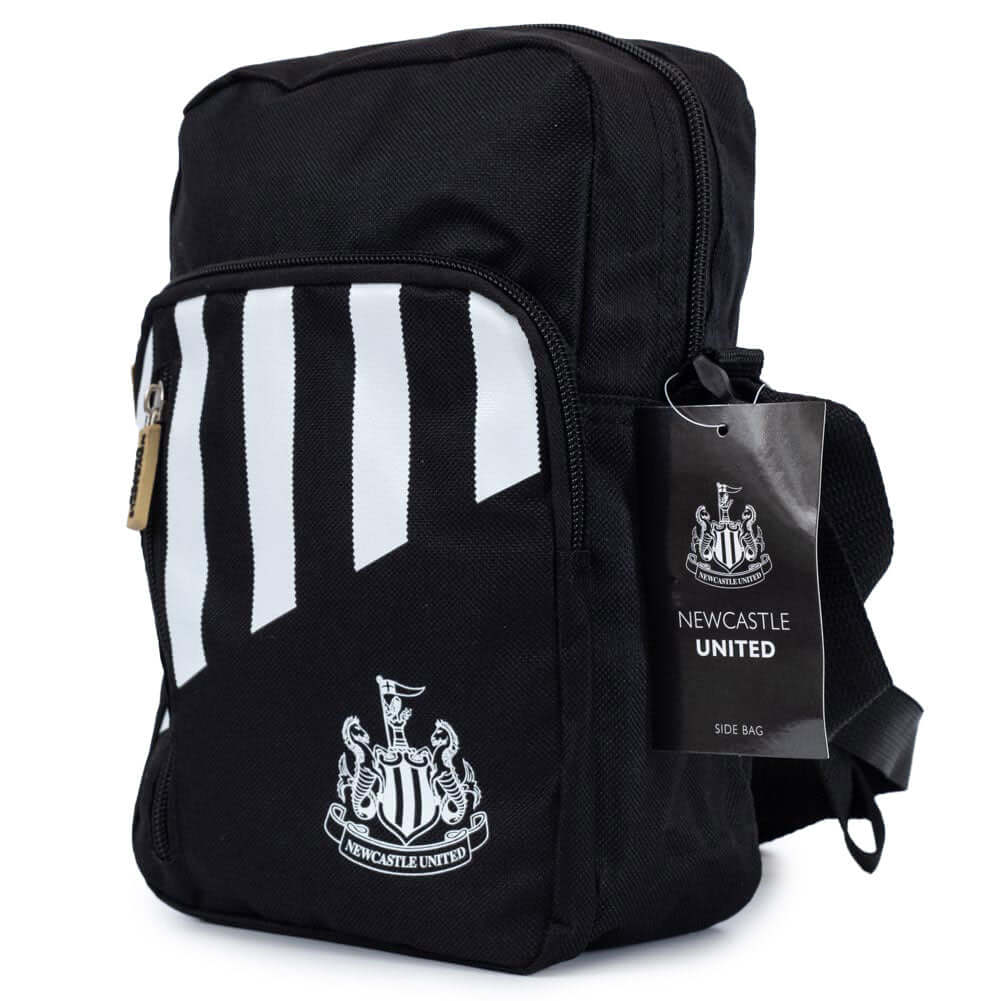Newcastle United FC Stripe Shoulder Bag LKT Sport Black shoulder bag featuring a stripe design with a white Newcastle United crestMain compartment has a large double zipped opening for easy access2 front zip pockets and interior open pocketAdjustable shou