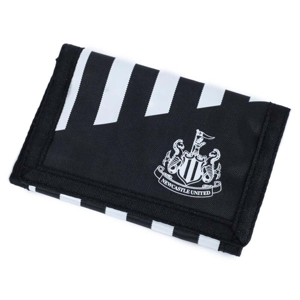 Newcastle United FC Stripe Wallet LKT Sport Black wallet featuring a white stripe design with a white Newcastle United crest on the frontInternal zipped pocket and 7 additional separate compartmentsWipe clean polyesterOfficial licensed productApprox 12cm