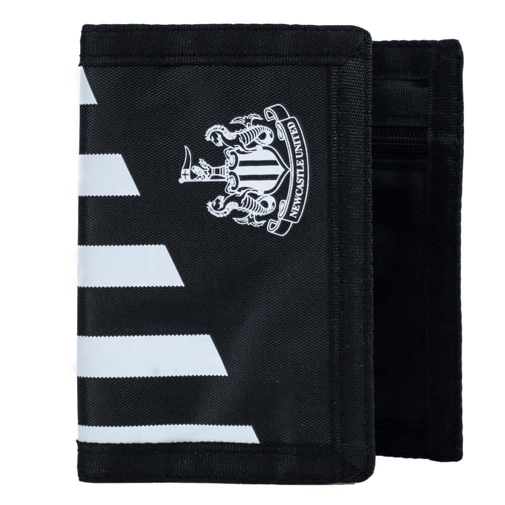 Newcastle United FC Stripe Wallet LKT Sport Black wallet featuring a white stripe design with a white Newcastle United crest on the frontInternal zipped pocket and 7 additional separate compartmentsWipe clean polyesterOfficial licensed productApprox 12cm