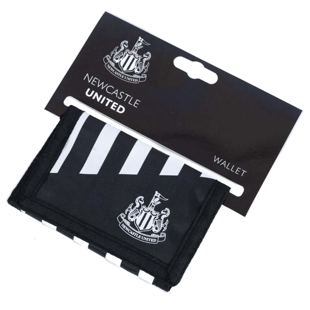 Newcastle United FC Stripe Wallet LKT Sport Black wallet featuring a white stripe design with a white Newcastle United crest on the frontInternal zipped pocket and 7 additional separate compartmentsWipe clean polyesterOfficial licensed productApprox 12cm