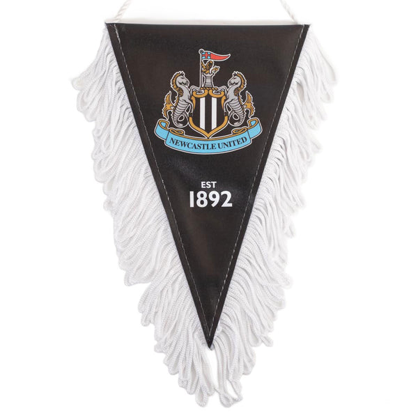 Newcastle United FC Triangular Mini Pennant LKT Sport Satin look triangular design mini pennantFeaturing a full colour NUFC crest with Est 1892 textFinished with white tassels and hanging stringIdeal for your car or windowOfficial licensed productApprox 1