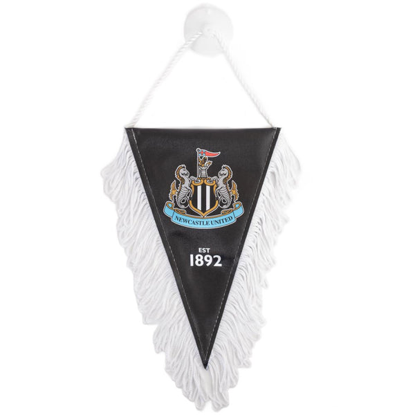 Newcastle United FC Triangular Mini Pennant LKT Sport Satin look triangular design mini pennantFeaturing a full colour NUFC crest with Est 1892 textFinished with white tassels and hanging stringIdeal for your car or windowOfficial licensed productApprox 1