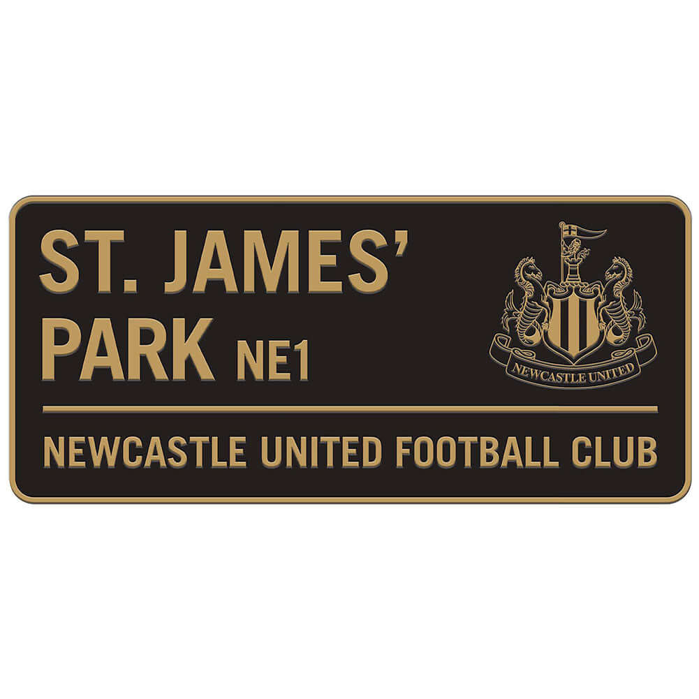 Newcastle United FC Two Tone Street Sign LKT Sport Gloss finish design stamped metal wall signSt. James Park NE1 road sign, the home of Newcastle United FC on a black backgroundReady to hang on the wall with four small holes for fixingOfficial licensed pr Main image