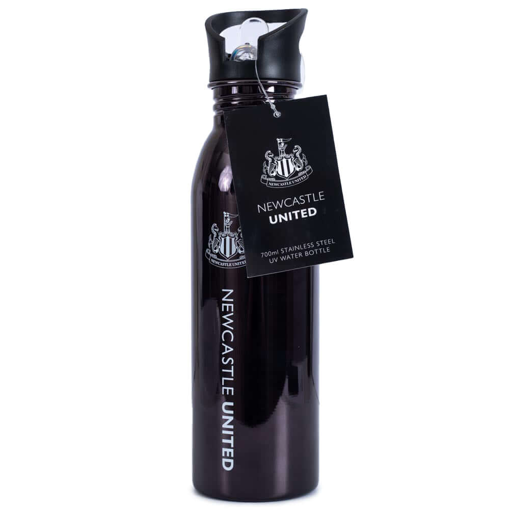 Newcastle United FC UV Metallic Drinks Bottle LKT Sport Stainless steel, high glass finish metallic camping style water bottleStriking UV metallic finish with white Newcastle crest and text on blackScrew top lid with a closable clear drinking spoutOfficia