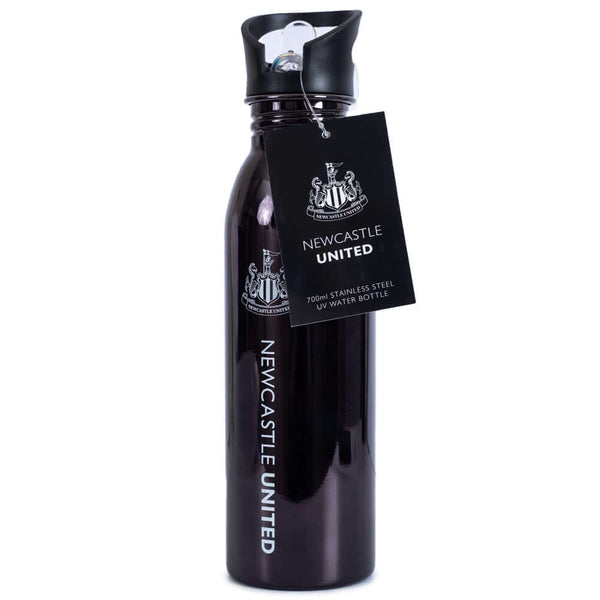 Newcastle United FC UV Metallic Drinks Bottle LKT Sport Stainless steel, high glass finish metallic camping style water bottleStriking UV metallic finish with white Newcastle crest and text on blackScrew top lid with a closable clear drinking spoutOfficia