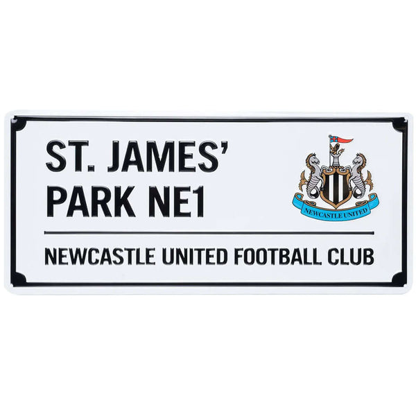Newcastle United FC White Street Sign LKT Sport Gloss finish design stamped metal wall signSt. James Park NE1 road sign, the home of Newcastle United FC on a white backgroundReady to hang on the wall with four small holes for fixingOfficial licensed produ