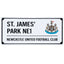 Newcastle United FC White Street Sign LKT Sport Gloss finish design stamped metal wall signSt. James Park NE1 road sign, the home of Newcastle United FC on a white backgroundReady to hang on the wall with four small holes for fixingOfficial licensed produ