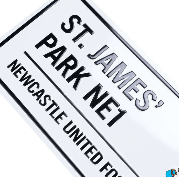 Newcastle United FC White Street Sign LKT Sport Gloss finish design stamped metal wall signSt. James Park NE1 road sign, the home of Newcastle United FC on a white backgroundReady to hang on the wall with four small holes for fixingOfficial licensed produ