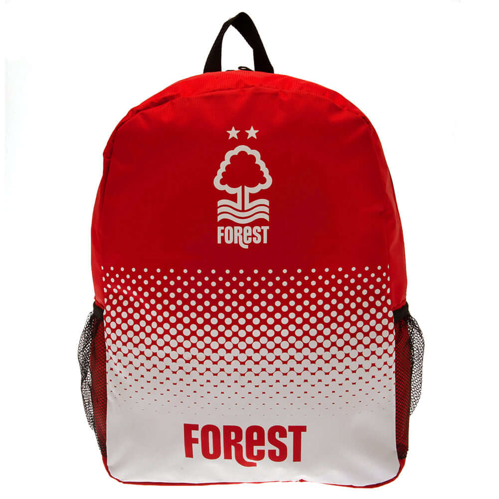 Nottingham Forest FC Fade Backpack LKT Sport Fade design backpack featuring Forest text and club crestPadded back panel for comfort with adjustable shoulder straps and a carry strapMain compartment has a large double zipped opening for easy access2 mesh s
