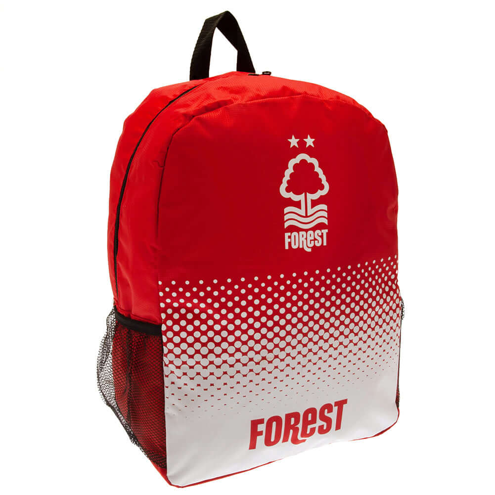 Nottingham Forest FC Fade Backpack LKT Sport Fade design backpack featuring Forest text and club crestPadded back panel for comfort with adjustable shoulder straps and a carry strapMain compartment has a large double zipped opening for easy access2 mesh s